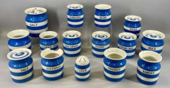 FOURTEEN T. G. GREEN CORNISH WARE KITCHEN CONTAINERS, some with covers, 18cms (h) the tallest with a