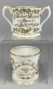 VICTORIAN COALPORT STYLE TWO-HANDLE LOVING CUP, painted with flowers and gilded inscription '