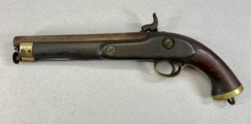 VICTORIAN PERCUSSION PISTOL, 22.5cms barrel, integral hinged ramrod, lock plate stamped with lion,