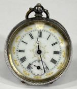 CONTINENTAL WHITE METAL FOB WATCH, enamel dial with black Roman numerals and subsidiary seconds