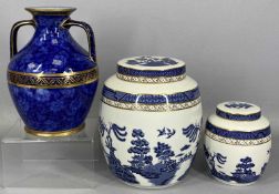 WEDGWOOD BLUE LUSTRE TWO-HANDLED AMPHORA VASE with gilded highlights, impressed marks, numbered