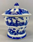 LATE 19TH CENTURY CHINESE BLUE & WHITE LIDDED POT, of circular waisted form, decorated all over with