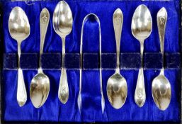 SET OF SIX VICTORIAN SILVER TEASPOONS & TONGS with bright cut decoration, John Edward Bingham,