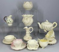 ASSORTMENT OF BELLEEK CHINA including shell form teapot with black backstamp, 13cms (h), two