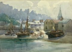 ‡ JOHN HENRY YOUNG (British 1880 - 1946) watercolour - harbour view with boats and figures ashore,