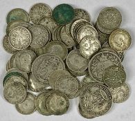 ASSORTMENT OF BRITISH COINS, mainly silver including shillings, half crown and threepenny bits,