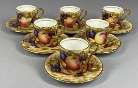 AYNSLEY SET OF SIX COFFEE CANS & SAUCERS, decorated with fruit and gilded, signed 'N. Brunt'