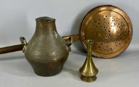 COUNTRY HOUSE SIZED COPPER WARMING PAN, fret cut and engraved, Persian bulbous brass vessel and