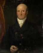 UNKNOWN EARLY 19TH CENTURY STYLE oil on board - three quarter length portrait of gentleman holding