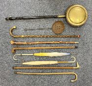 ASSORTED COLLECTABLES including walking sticks, two ladies' parasols, copper and brass warming pan