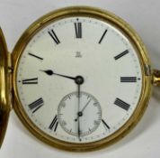 VICTORIAN 18CT GOLD FULL HUNTER POCKET WATCH, white enamel dial with Roman numerals and subsidiary