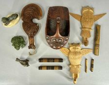 ASSORTED COLLECTABLES including Moko New Zealand carved and inlaid dish, similar tribal club,