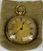 14CT GOLD FOB WATCH WITH ENGRAVED BACK, gilt dial with Roman numerals, 36mms (diam.), 33.7gms