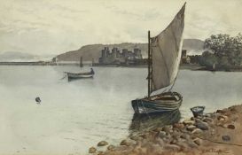 ‡ J W CLAYTON (b. 1869) watercolour - Conwy Castle and bridge with sailing boat ashore in