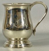 GEORGE V SILVER TANKARD of baluster form, scroll handle, engraved with crest of Bramhall Golf