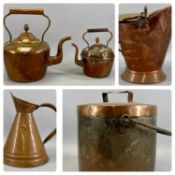 ANTIQUE COPPER WARE including circular pan and cover with iron swing handle, 33cms (h), harvester