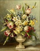 ‡ EVE SCHOLEFIELD (British 20th century) two oils on canvas - still lifes, vases of flowers, both