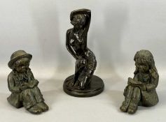 ART NOUVEAU STYLE COMPOSITE BRONZE EFFECT FIGURE of semi-nude lady, 34cms (h) and pair of bronzed