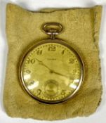 TEMPO ROLLED GOLD OPEN FACED POCKET WATCH, keyless, engraved dial with gilt Arabic numerals and
