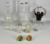 ASSORTED GLASSWARE including red and clear basket, 21cms (h), two lidded dressing table jars, two