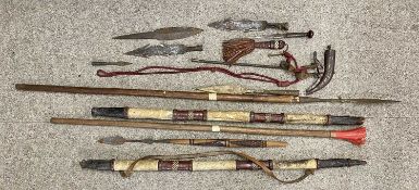 ASSORTED COLLECTABLES including native spears, dagger, steel powder flask and other items