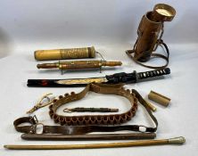 ASSORTED COLLECTABLES including Indian knife and fork in carved case, leather cartridge belt,