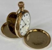 GOLD PLATED FULL HUNTER POCKET WATCH, keyless, white enamel dial with black Roman numerals and