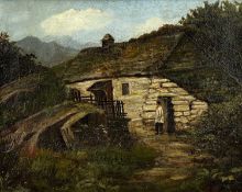 19TH CENTURY WELSH SCHOOL oil on canvas - figure with rake outside cottage, unsigned, 29.5 x 37cms