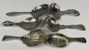 GROUP OF SIX SILVER CADDY SPOONS, Victorian shell moulded bowl, Josiah Williams & Co., London