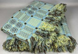 PAIR OF TREGWYNT WELSH WOOLLEN BLANKETS, double sided and fringed, yellow, blue and green