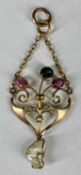 EDWARDIAN 9CT GOLD OPENWORK PENDANT, set with stones, split seed pearls and with natural pearl drop,