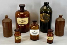 ASSORTMENT OF ANTIQUE/VINTAGE CHEMIST'S BOTTLES including large brown glass tinct. valerian,