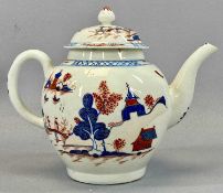 LOWESTOFT PORCELAIN TEAPOT CIRCA 1790, of bullet form with enamelled floral decoration, 18cms (h)