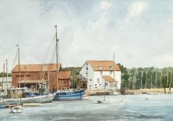 ‡ DESMOND HARRADINE (British b. 1927) watercolour - coastal view with buildings and fishing boats,