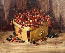 ‡ HEATHER CRAIGMILE (Welsh b. 1925) oil on board - punnet of berries still life, labelled verso '