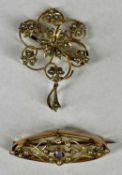 9CT GOLD OPENWORK PENDANT SET WITH SPLIT SEED PEARLS and similar brooch with central amethyst, 6.