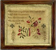 VICTORIAN NEEDLEWORK SAMPLER with parrot and flowers, 'Mary Jones aged 14 in the year of our Lord