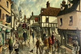 ‡ ROB MITCHELL (British 20th century) oil on canvas - Edwardian view of London street, signed