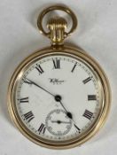 WALTHAM GOLD PLATED OPEN FACED POCKET WATCH, keyless, white enamel dial with black Roman numerals