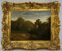 18TH / 19TH CENTURY ENGLISH SCHOOL oil on canvas - wooded river with cattle and horses watering,