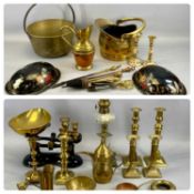 GROUP OF DECORATIVE BRASS & METAL ITEMS including kitchen scales with brass bell weights, circular