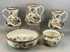 THREE LARGE MASONS IRONSTONE PANELLED OCTAGONAL JUGS with transferware decoration, 29cms (h)