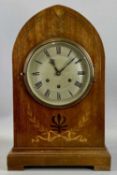 EDWARDIAN INLAID MAHOGANY CASED MANTEL CLOCK with silvered dial, Roman numerals, 8-day movement,
