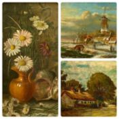 EARLY 20TH CENTURY BRITISH SCHOOL oil on canvas - thatched cottage and tree by country lade,