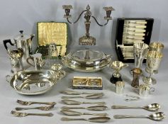 ASSORTED PLATED WARE including oval two-handled entrée dish and cover, twin branch candelabra,