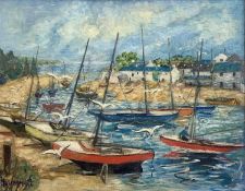 ‡ TED (EWIN JONES) DUMMETT (British 1906 - 1989) oil on board - sailing boats at Abersoch, signed