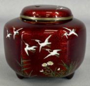 JAPANESE AKASUKE GINBARI CLOISONNÉ CENSER & COVER, decorated with cranes in flight and flowers, 9cms