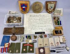 ASSORTED COLLECTABLES including military badges, buttons, medals and ribbons, pair of RAF dog