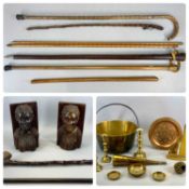 ASSORTED COLLECTABLES including shillelagh, Rabone yardstick (2), swagger sticks (3), octagonal