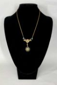 VICTORIAN 15CT GOLD NECKLACE, crescent and leaf with detachable starburst drop, set with seed pearls